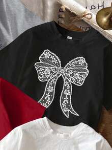 SHEIN EZwear 4件套休闲简约鲨鱼、蝴蝶结、花卉、樱桃印花圆领宽松短袖T恤，女款，适合夏季穿着 - 彩色 - 查看 4