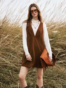 SHEIN Unity Women's Autumn/Winter Outerwear Bohemian Retro Fashion Short Brown Wool Blend Tank Dress - Brown - View 7