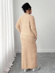 Elenzga 大码毛衣和紧身半裙两件套，休闲宽松圆领套头衫曲线半裙两件套连衣裙套装，端庄两件套，优雅曲线两件套。 - 卡其色 - 查看 2