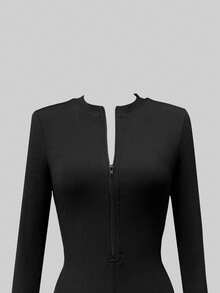 INAWLY 黑色链条交叉露背长袖连体裤 - 黑色 - 查看 4