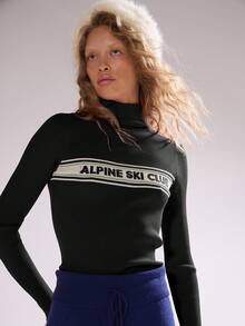 MUSERA High Neck ' Ski Club' Knitted Stripe Fitted Jumper Autumn Fall Winter Ski Vacation  Lounge Holidays Sweater - Black - View 2