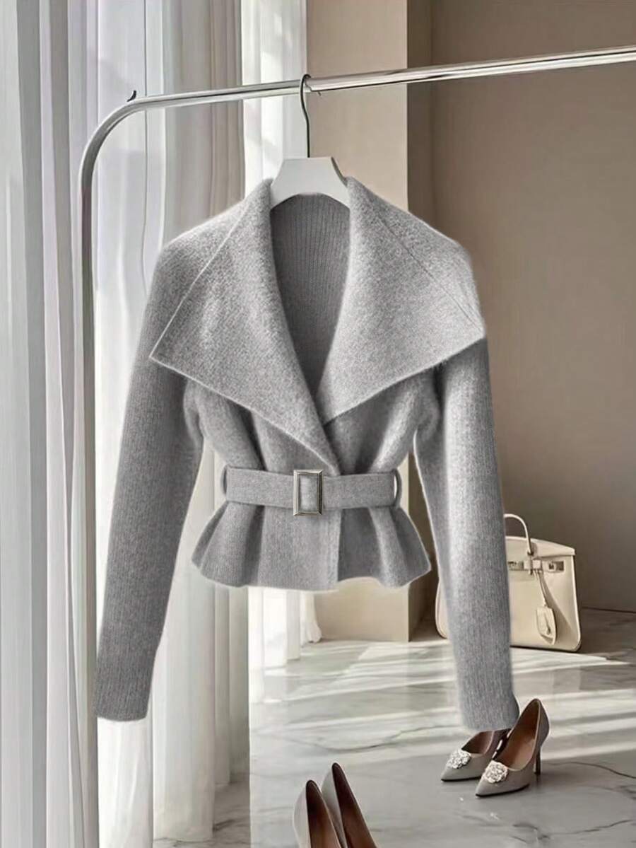 GlowEve 女式束腰翻领长袖针织开衫，优雅设计，高品质，纽扣式 - 灰色 - 查看 1