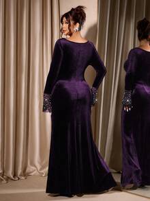 Cravure Đầm dự tiệc nhung đen tay dài đính hạt thanh lịch cỡ lớn cho nữ - Màu tím - Xem 2