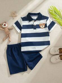 Souflis Souflis 男婴休闲可爱小熊刺绣徽章条纹短袖polo衫和短裤套装，适合夏季穿着