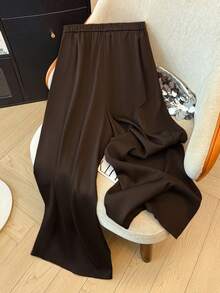 SHEIN Clasi Plus Size Women's Solid Color Pleated Wide Leg Casual Office Pants - Coffee Brown - View 2