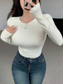 FRIFUL Women's Casual Round Neck Long Sleeve Fleece T-Shirt, Autumn/Winter - White - View 5