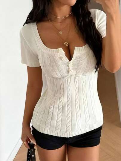 INAWLY Blusa de punto de manga corta de unicolor y estilo minimalista, para uso diario