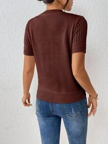 EMERY ROSE 女士圆领纯色短袖针织上衣，适合夏季和新年穿着 - 咖啡棕 - 查看 2