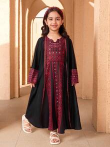 SHEIN 2pcs/Set Girls Print Dress & Mesh Long Cardigan, Patchwork Print - Black - View 3