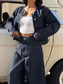 Muchica Women's Round Neck Drop Shoulder Long Sleeve Casual Front Button Fashionable Versatile Denim Jacket - Navy Blue - View 5