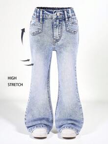 SHEIN Explorewe Young Girl Faded Blue Bell-Bottom Casual Jeans, Comfortable And Versatile For Daily Wear, Autumn/Winter - Light Wash - View 4