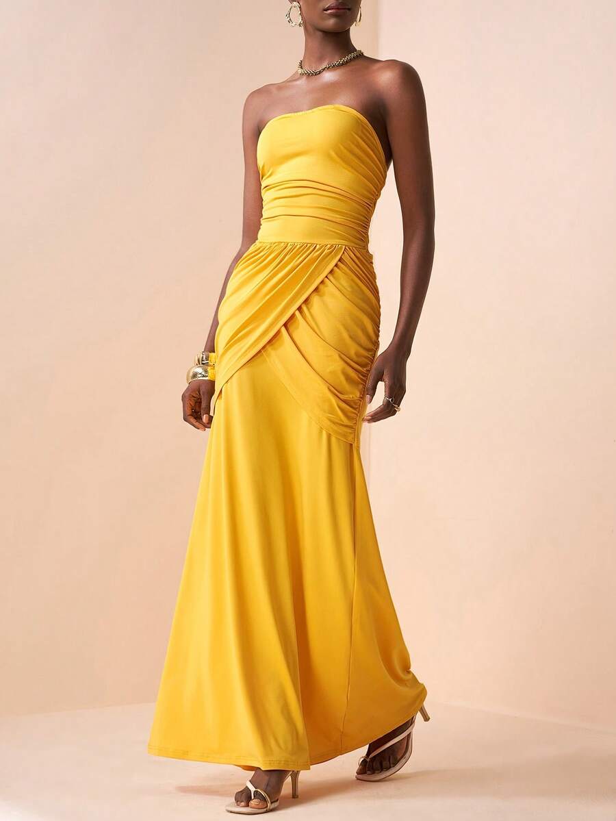 Zivah 2026 Spring/Summer New Elegant Commuter Business Casual Strapless Sleeveless Ruched Front Waist Sash A-Line Dress, Ginger Yellow, Spring/Summer Dress, Wedding Guest Dress, Evening Gown - Yellow - View 1
