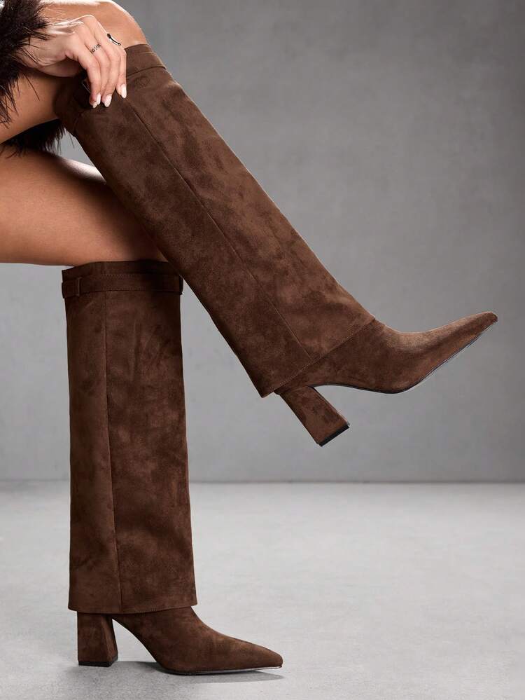 CUCCOO SZL Women's Fashion Versatile Pointed Toe Knee-High Heeled Boots For Christmas