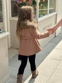 SHEIN Elladie kids 年輕女孩毛絨裝飾連帽系腰帶大衣（無毛衣） - 駝色 - 查看 2