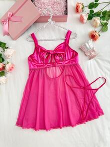 SHEIN 2件套女士性感网纱吊带连衣裙，带蝴蝶结装饰 - 玫紅色 - 查看 2