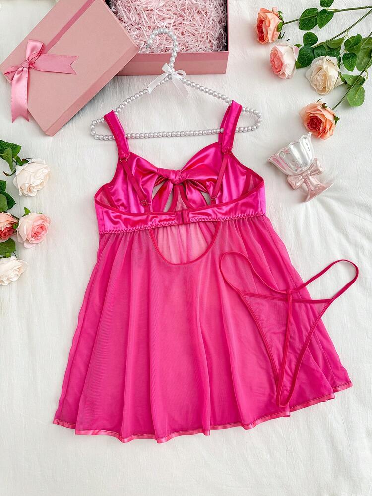 مجموعة من 2 قطعة فستان كامي شبكي نسائي مثير مزين بربطة عنق - روز أحمر - مشاهدة 2