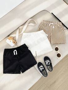 SHEIN Playful Pals 3pcs Baby Boys Toddler Infant Kids Casual Basic Simple Fashion Brown Striped Pattern And White Black Solid Color Elastic Waist Drawstring Pocket Shorts Shorts Bottoms Trousers Soft Clothes For Daily Wear School Park Play Outdoor Summer Spring Baby Summer Shorts Baby Boy Shorts Pack Toddler Boy Clothes For Summer 3 Piece Babyboy Short - Multicolor - View 6