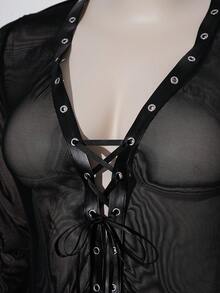 SHEIN 2pcs/Set Women's Punk Style Sexy Mesh Eyelet Lace-Up Ruffle Hem Slit Skirt Set - Black - View 8