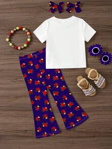 SHEIN رمضان طقم مكون من قطعتين، لباس علوي قصيرة الأكمام برقبة دائرية وطبعة زهور كلاسيكية، مناسب لفصل الصيف - متعدد الألوان - مشاهدة 3