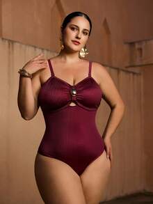 Swim Oasis New Elegant Floral Print Plus Size One-Piece Swimsuit With Skirt Cover-Up, 2-Piece Set - Red Violet - View 3