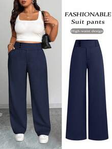 SHEIN PETITE CURVE Plus Size Women High Waist Pockets Straight Loose Casual Pants Fall - Navy Blue - View 3