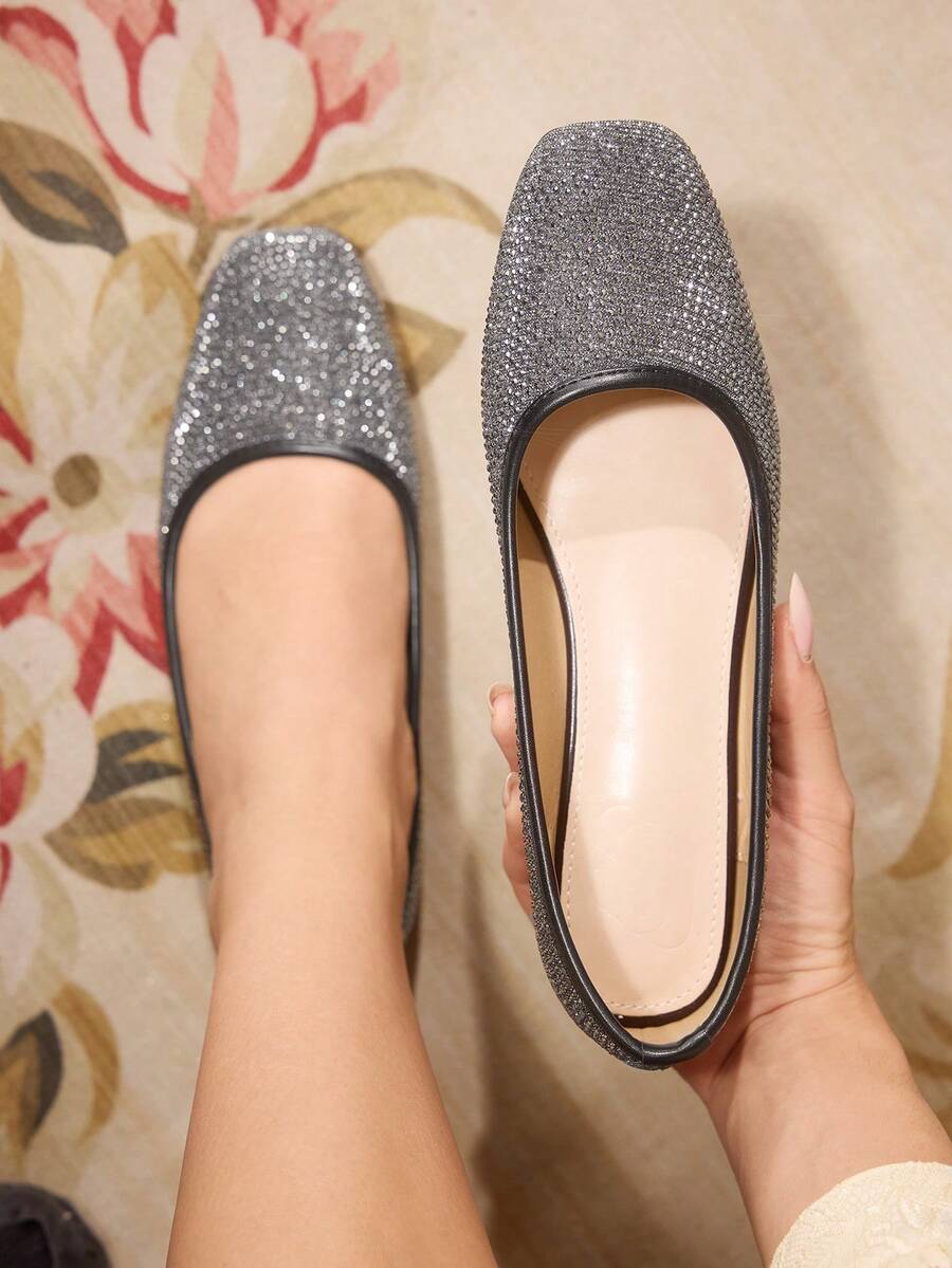 CUCCOO TILAWA Women's Fashionable & Elegant Rhinestone Embellished Flats, Suitable For Commuting Valentine's Day - Grey - View 1