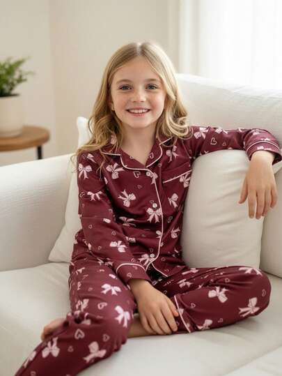 Tween Girl Elegant Burgundy Vintage Bow & Floral Print Cardigan And Pants Casual Comfortable 2-Piece Loungewear Set Cherry Pajama Set Soft Pajamas Set Cute Pj Set Valentine's Day Teen Girl Lounge Wear Teen Pajama Sets Girl Girls Lounge Sets Kids Loungewear