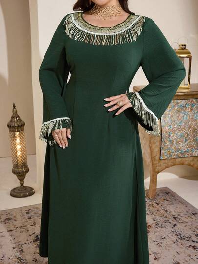 Al Najma Vestido elegante de estilo árabe con cuello redondo, manga larga, decoración con lentejuelas y flecos para mujer de talla grande