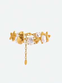 Opalesca 1 Pc Fashionable Starfish & Shell Asymmetric Pearl Bracelet For Women, Outfits, Old Money, Wedding/Bridal Accessories, Fairycore/Fairy, Pearl, Metallic/Texture, Fall/Autumn/Winter, Elegant, For Mom/Women/Girl/Mother, Premium, Vintage, Layered - Gold - View 4