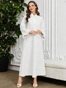 Al Najma 女士花卉刺绣领喇叭袖阿拉伯风格连衣裙 - 白色 - 查看 7