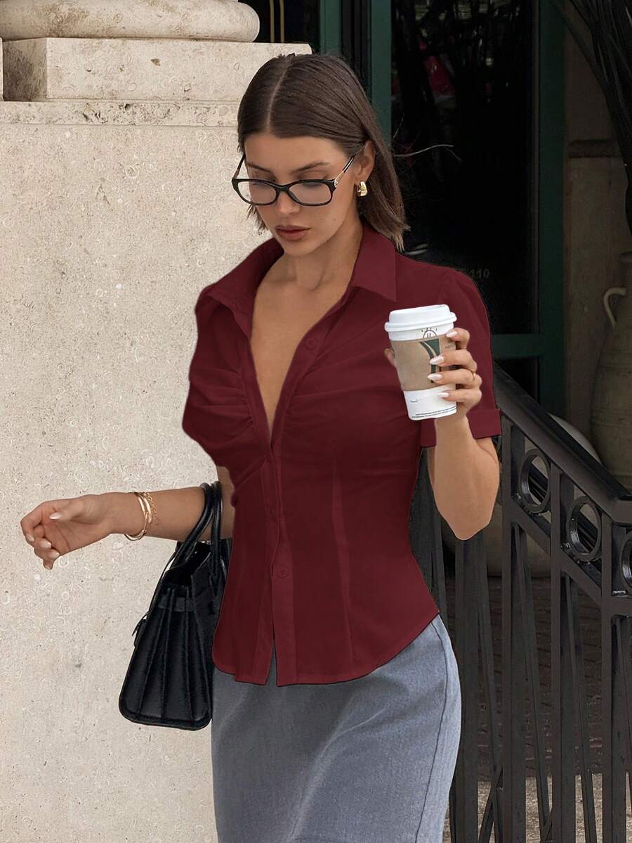 Siren Gaze 女士纯色褶裥单排扣修身休闲短袖衬衫 - 棕色 - 查看 1