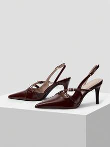 Mnmlis Sapatos de Salto Femininos Elegantes e da Moda com Bico Fino e Fivela Ajustável, Adequados para Trabalho e Transporte - Vinho - Visão 2