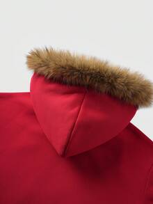 ROMWE MEN Goth Men's Letter & Skull Print Zip-Up Hooded Sweatshirt With Fur Collar - Red - View 4