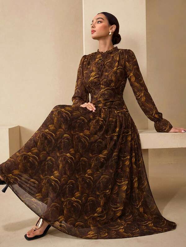 Graceveil Chiffon Floral Print Fitted Dress With Ruffle Sleeves For Women
