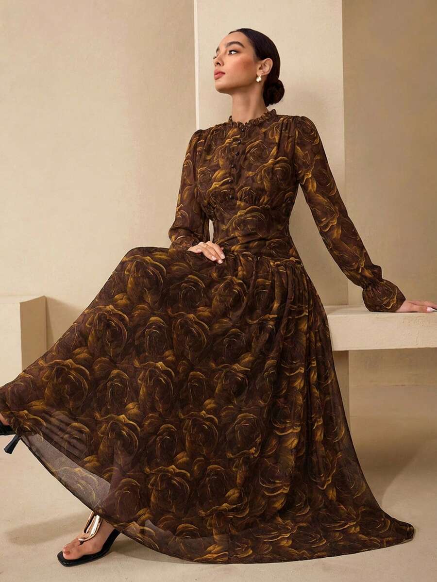 Graceveil Váy ôm họa tiết hoa voan tay bèo nhún dành cho nữ - Cà phê - Xem 1