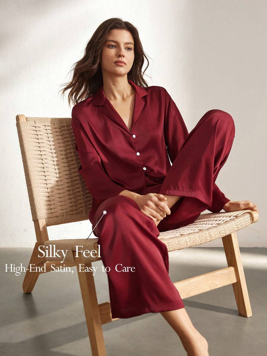 Ocili 丝滑缎面舒适宽松长袖上衣和裤子女士睡衣套装，冬季服装