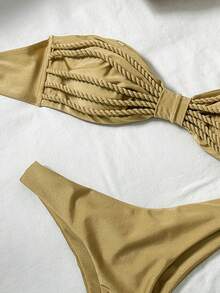 Swim Vcay 2pcs/Set Solid Color Rope Decor Bandeau Bikini Top And High Cut Bottoms Sexy Swimsuit Set, Spring/Summer - Khaki - View 4
