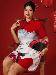 Elenzga Plus Size Women Floral Print Button Design Short Sleeve Chinese Style New Year Party Dress Oriental Dress Cheongsam Dress Chinese Dress Chinese Dress Women Qipao Dress Button Qipao Style Dress ตรุษจีน ชุดตรุษจีน Chinese Newyear Outfit - Multicolor - View 5