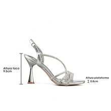 Weide Sandalias de tacón para mujer con tiras tipo diamante, diseño minimalista y punta elegante, tacón bajo estable y suela antideslizante, sandalia elegante mujer para eventos y uso formal - Plateado - Ver 8