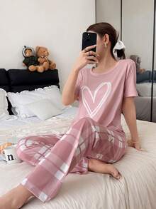 SHEIN 2pcs/Set Heart Plaid Print Pink Casual Sleepwear Shorts & Top Set - Multicolor - View 5