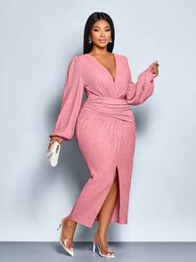 SOLERSUN 大码女式纯色秋冬气质优雅V领不对称交叉下摆泡泡袖连衣裙，适合派对和音乐节等场合，长袖开衩下摆连衣裙质感面料，秋季婚礼宾客礼服，优雅女士连衣裙，舞会礼服，黑色连衣裙，性感连衣裙 - 粉色 - 查看 5