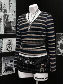 Sunspun Áo thun tay dài cổ chữ V gân gợi cảm cỡ lớn dành cho nữ, trang phục dạo phố thường ngày đa năng cho ngày lễ, áo chui đầu gân cổ điển - Nhiều màu - Xem 3