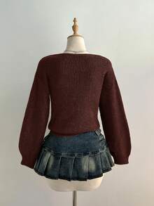 Elamini 女士休闲旗帜图案提花针织毛衣，秋冬款 - 鏽棕色 - 查看 2