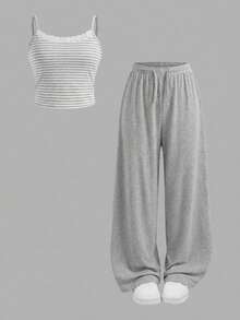 SHEIN Girlism Tween Girl Casual Homewear Fitted Lace Trim Camisole And Wide Leg Striped Knit Pants Set, Heather Gray - Grey - View 3