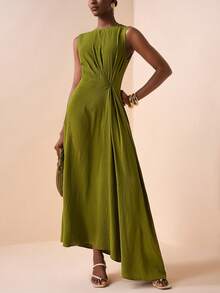 Zivah 2026春夏新品，适合情人节、音乐节、复活节、西部风、游牧风、波西米亚风、纳什维尔风、派对、婚礼、晚宴、约会、聚会、生日、学院风、学生装、日常休闲、百搭基础款、休闲度假、邮轮旅行、海滩、日光浴、爆款、优雅、通勤、商务休闲等场合。无袖圆领，腰部扭结褶皱设计，不对称下摆，修身A字长裙，绿色长裙，春夏长裙，派对长裙，性感长裙，女士长裙 - 綠色 - 查看 6