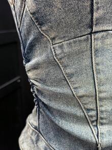 EgrlEra 女士牛仔布水钻装饰无袖拉链外套 - 深色水洗藍 - 查看 6