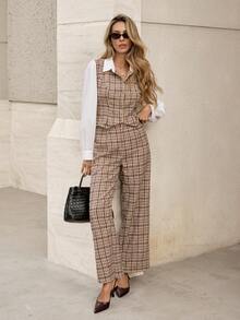 Pariaura 2pcs/Set Women's French Plaid Patchwork Outfit - Coffee Brown - View 1