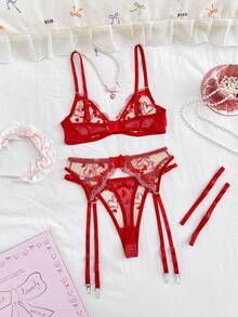 SHEIN 5件套红色爱心刺绣性感内衣套装