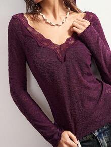 Bohemela V领长袖蕾丝纹理上衣，适合冬季、新年、圣诞节、情人节、音乐节、派对等场合穿着。 - 紫色 - 查看 3