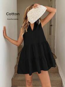 Easowa Sleeveless Stand Collar Pleated Hem A-Line Dress With Pockets, Casual Holiday Elegant Streetwear Mini Dress For Women,Dresses For Women Summer - Black - View 3